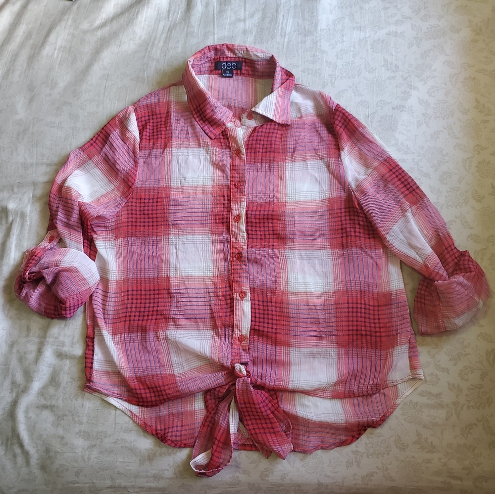 3/$25 DEB Plaid Button up shirt with tie